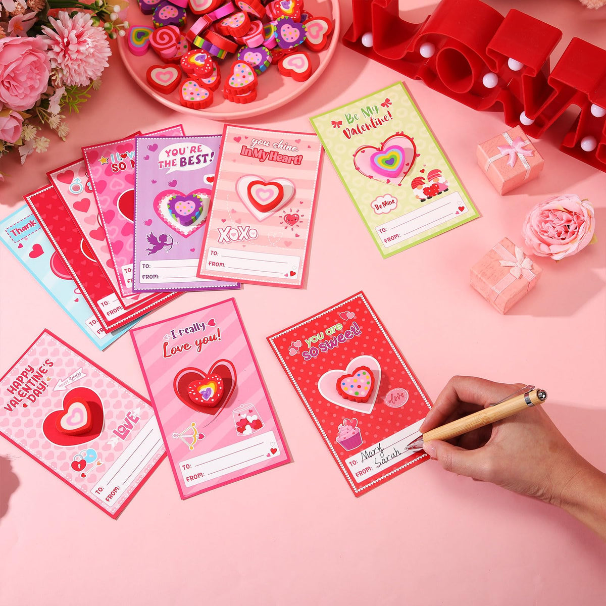 Gilprop 50-Set Valentines Cards with Heart Erasers — Bulk Gift & Party Favors
