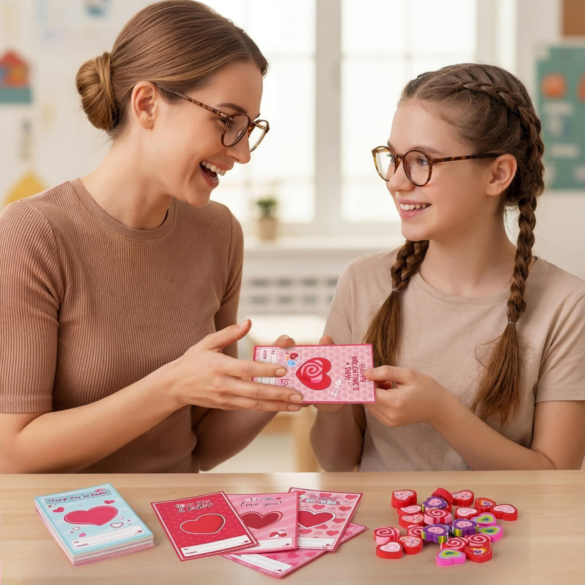 Gilprop 50-Set Valentines Cards with Heart Erasers — Bulk Gift & Party Favors