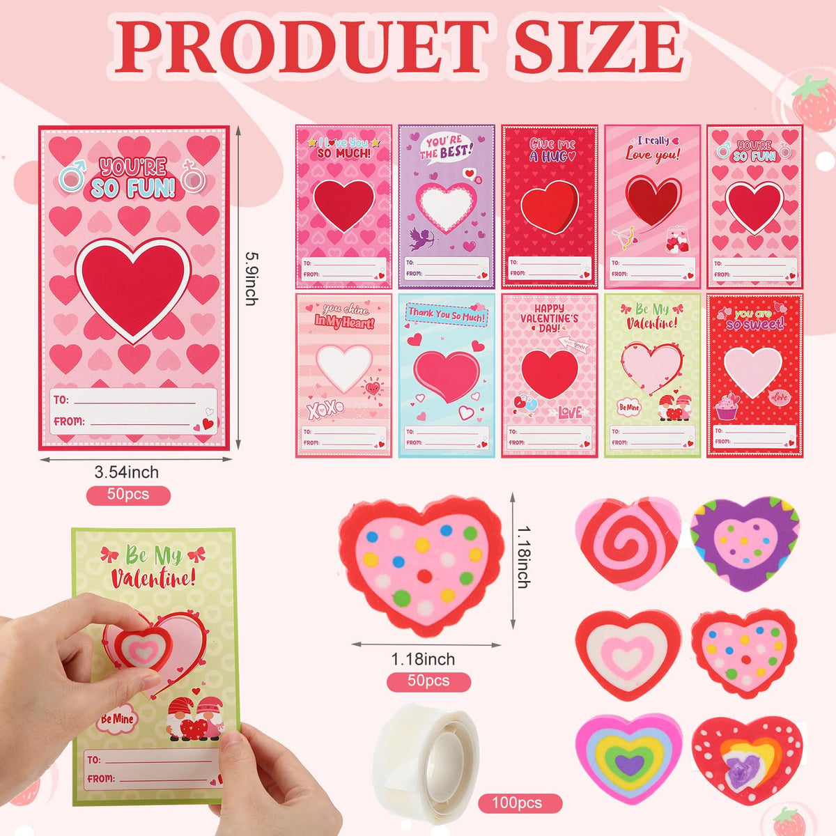 Gilprop 50-Set Valentines Cards with Heart Erasers — Bulk Gift & Party Favors