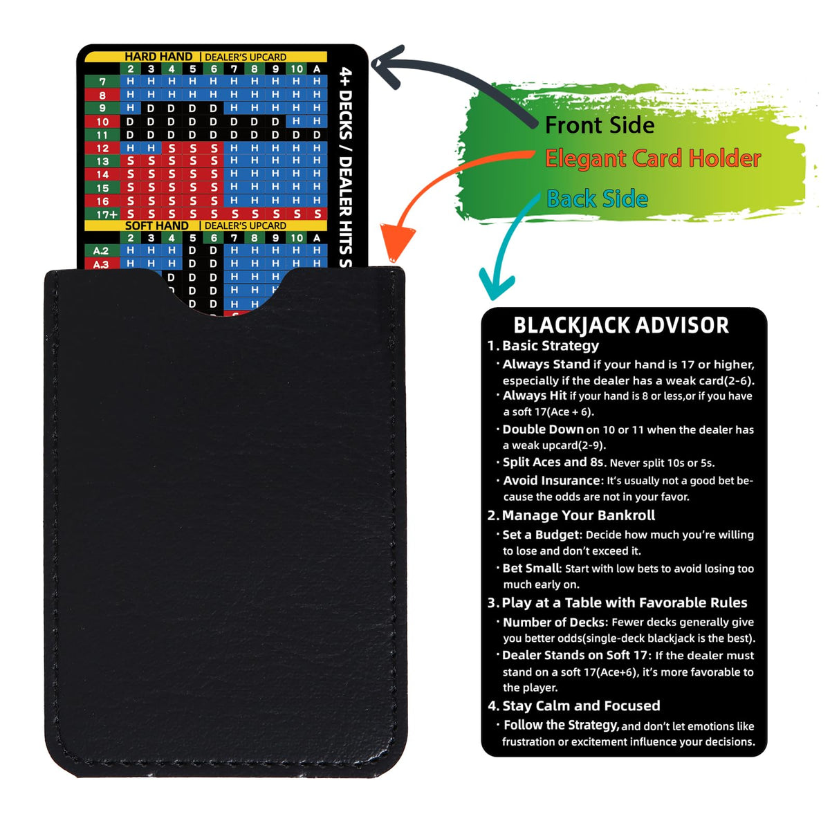 Gimao Metal Thick Blackjack Strategy Card with Leather Sleeve – Stainless Steel Basic Strategy Card, Soft 17 Hit, 4+ Decks