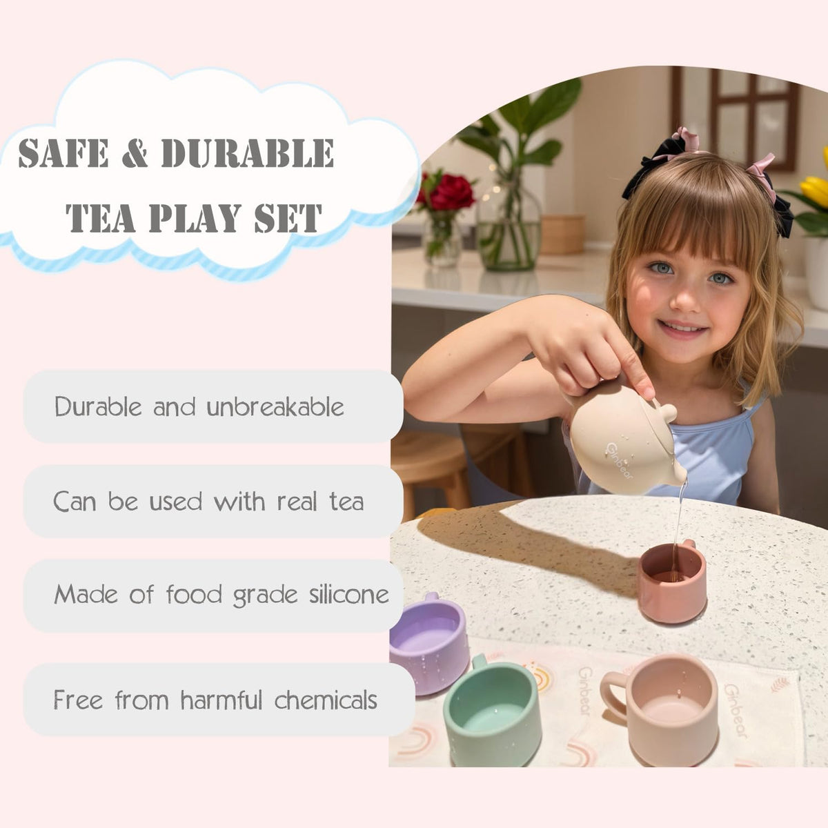 Ginbear Silicone Play Kitchen Tea Set for Toddlers – Non-Toxic & Unbreakable (Ivory, Pink, Mauve, Lilac)