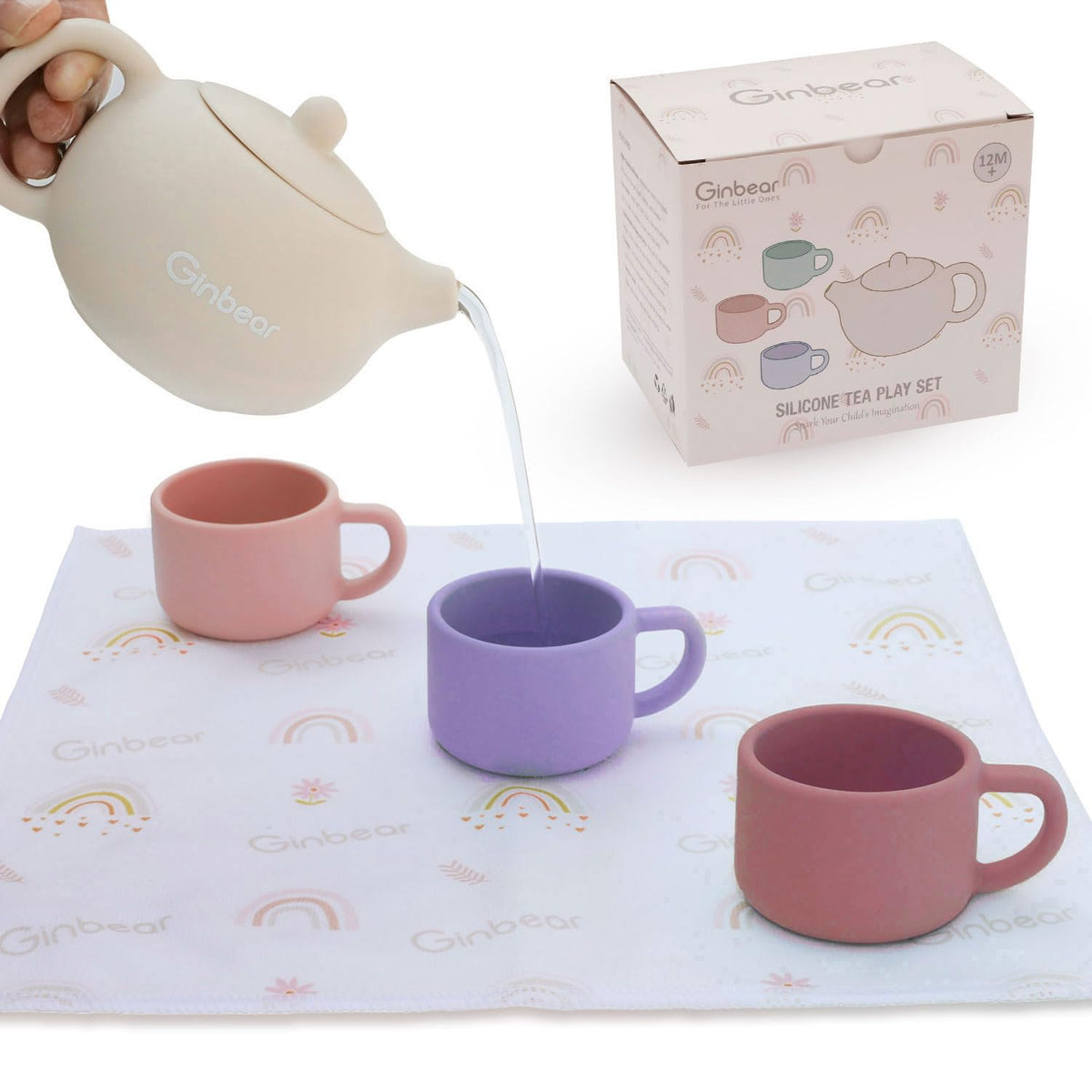 Ginbear Silicone Play Kitchen Tea Set for Toddlers – Non-Toxic & Unbreakable (Ivory, Pink, Mauve, Lilac)