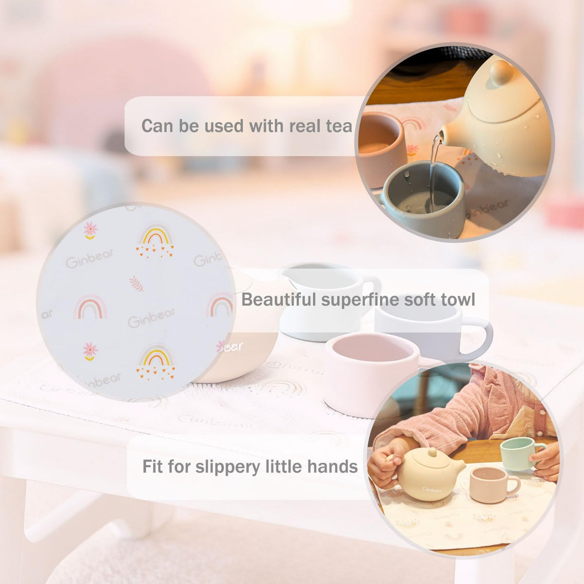 Ginbear Silicone Play Kitchen Tea Set for Toddlers – Non-Toxic & Unbreakable (Ivory, Pink, Mauve, Lilac)