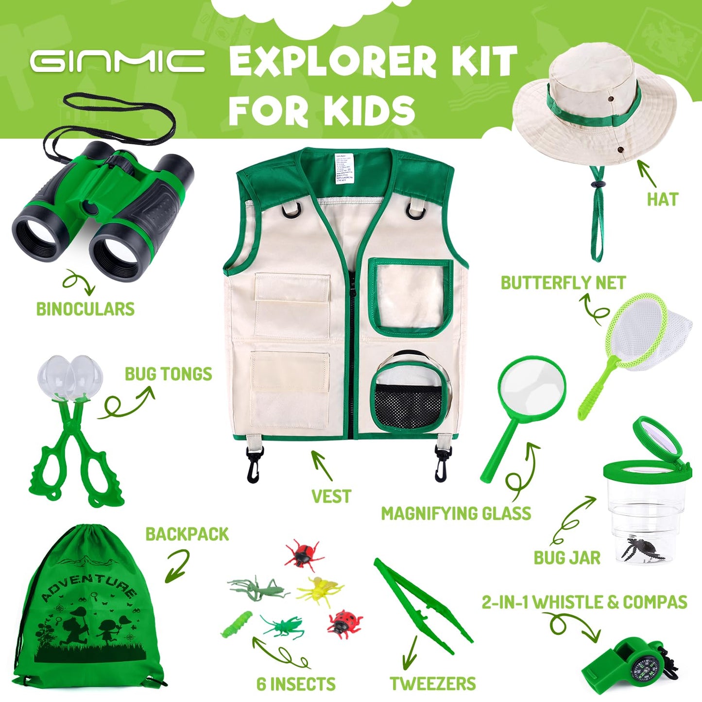 GINMIC Kids Explorer Kit & Bug Catching Kit — 16 Pcs Outdoor Safari Set for Ages 3-12