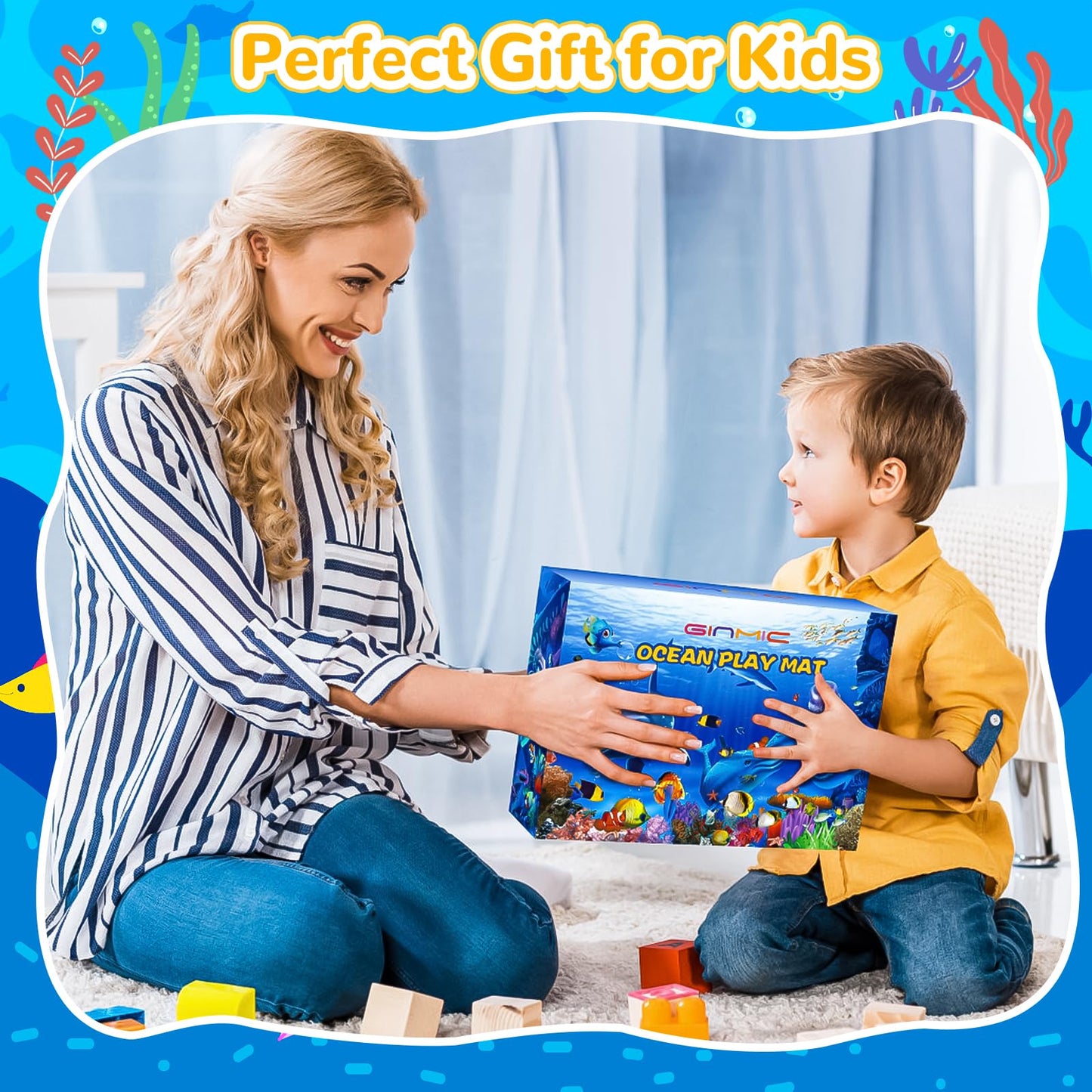 GINMIC Kids Ocean Animals Playset with Large Play Mat – 12 Realistic Sea Creatures
