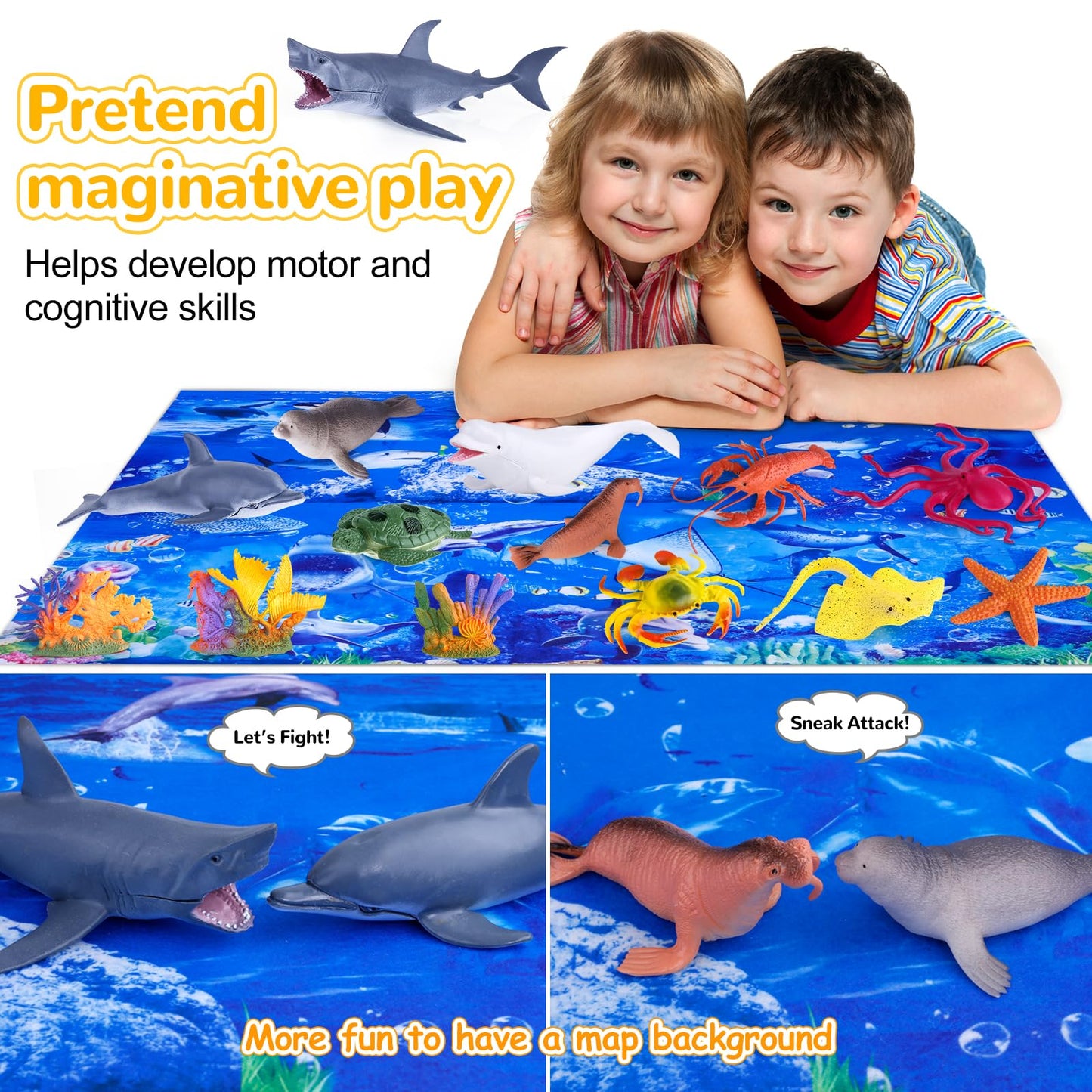 GINMIC Kids Ocean Animals Playset with Large Play Mat – 12 Realistic Sea Creatures