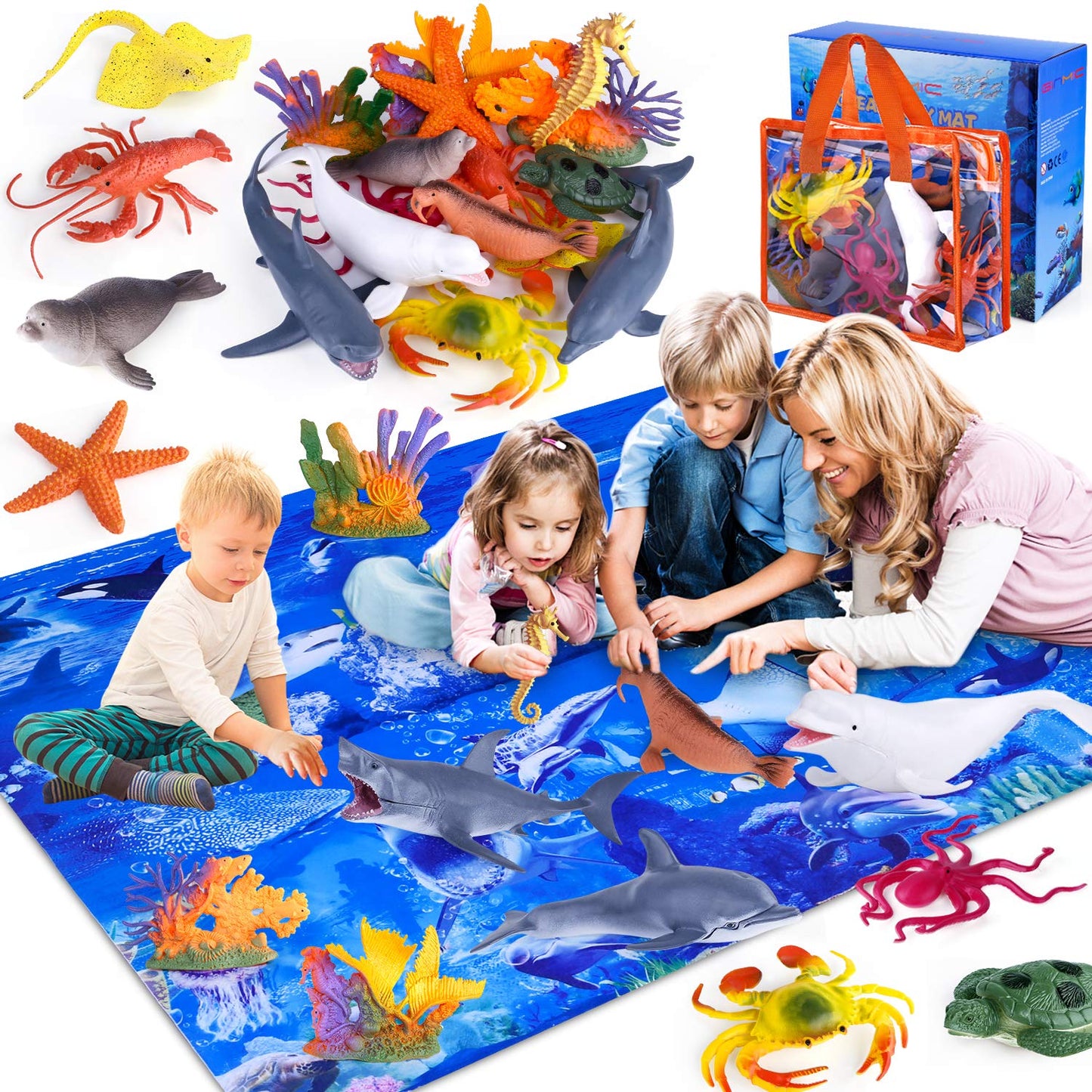 GINMIC Kids Ocean Animals Playset with Large Play Mat – 12 Realistic Sea Creatures