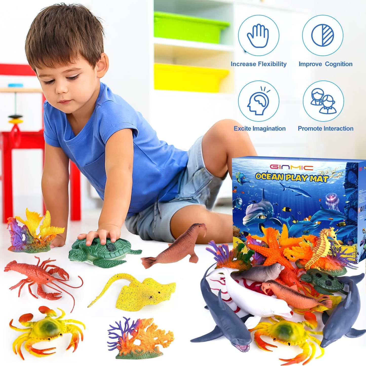 GINMIC Kids Ocean Animals Playset with Large Play Mat – 12 Realistic Sea Creatures