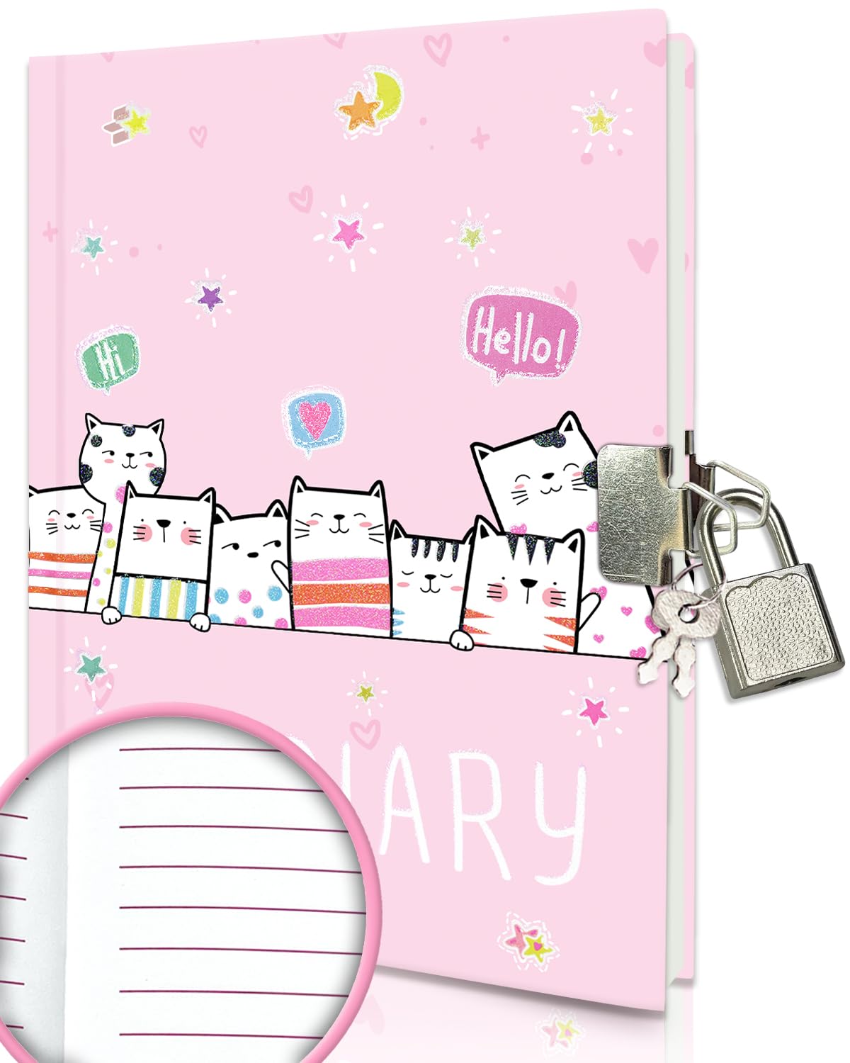 GINMLYDA Cat Diary with Lock for Girls — 7x5.25 Inch, 160 Lined Pages