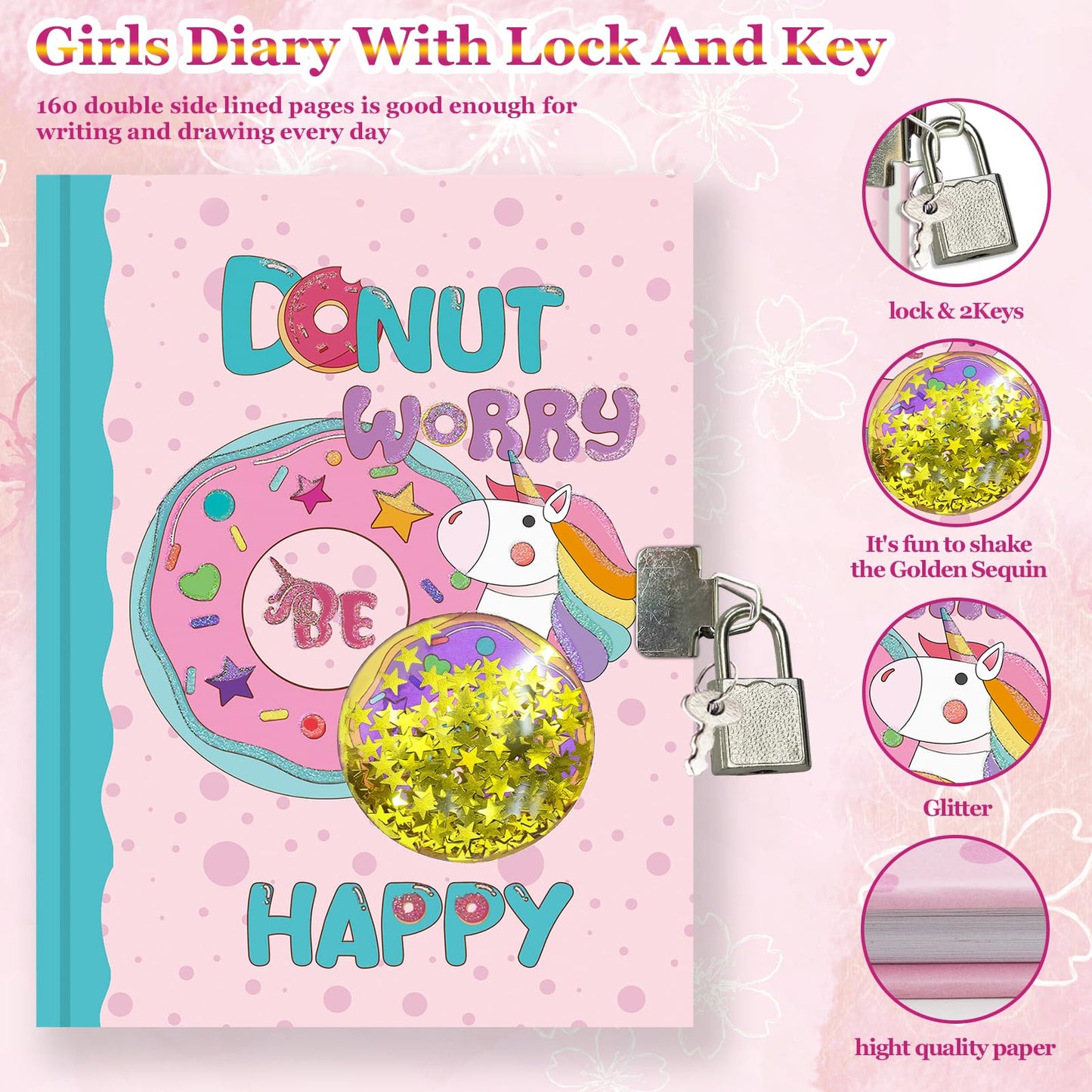 GINMLYDA Girls Diary with Lock – Pink Doughnut Journal for Kids, 7.1x5.3, 160 Pages