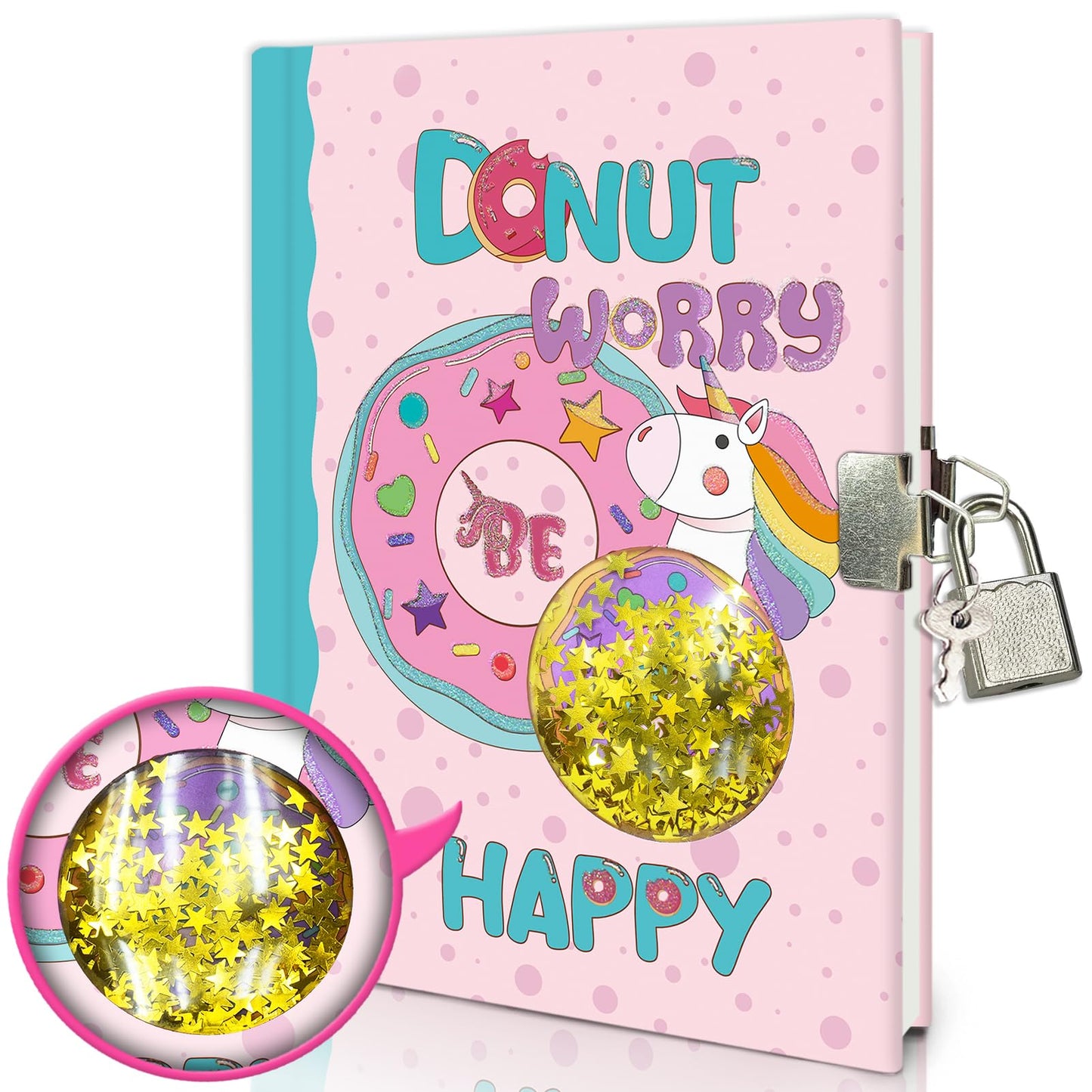 GINMLYDA Girls Diary with Lock – Pink Doughnut Journal for Kids, 7.1x5.3, 160 Pages