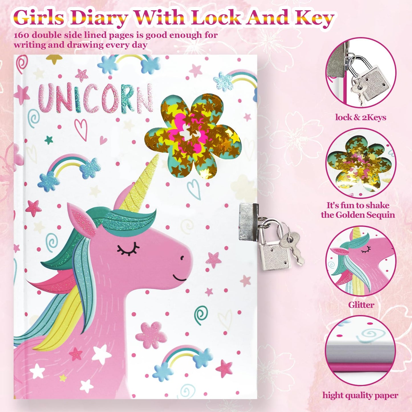GINMLYDA Girls Diary with Lock – Unicorn Journal 160 Pages, 7.1x5.3, Gift for Kids 6-12