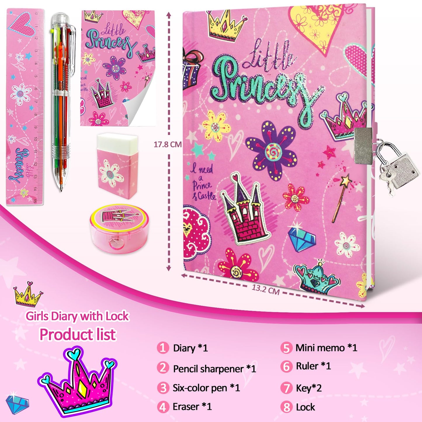 GINMLYDA Girls Diary with Lock – Princess Secret Diary Set for Girls 6-10