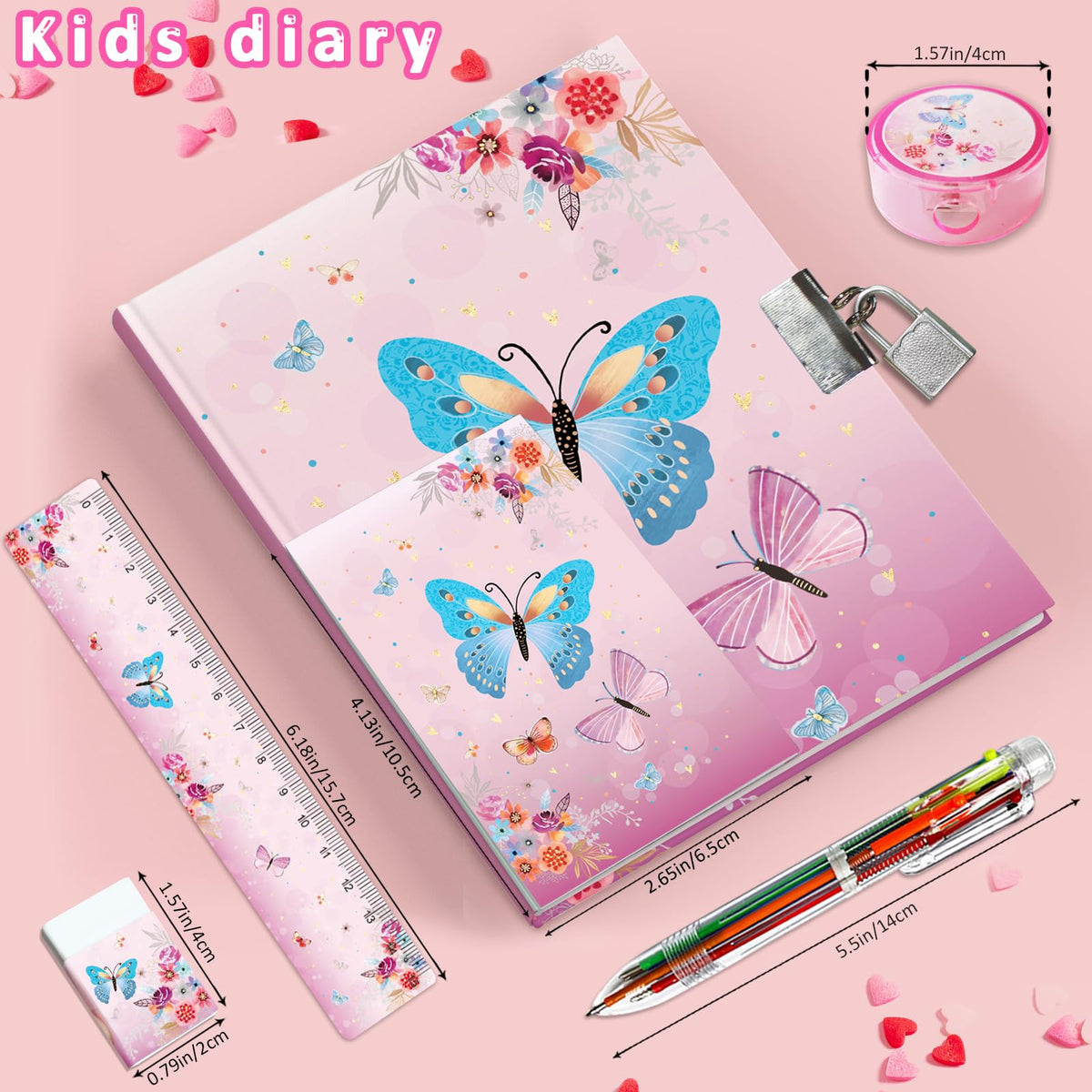 GINMLYDA Girls Diary with Lock – Butterfly Secret Journal Set for Girls 6-10