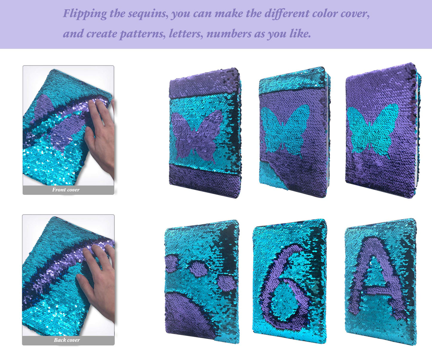 GINMLYDA Sequin Girls Journal for Kids – Butterfly Reversible Flip, 160 Lined Pages, 8.25x5.5 Inches, Purple-Blue