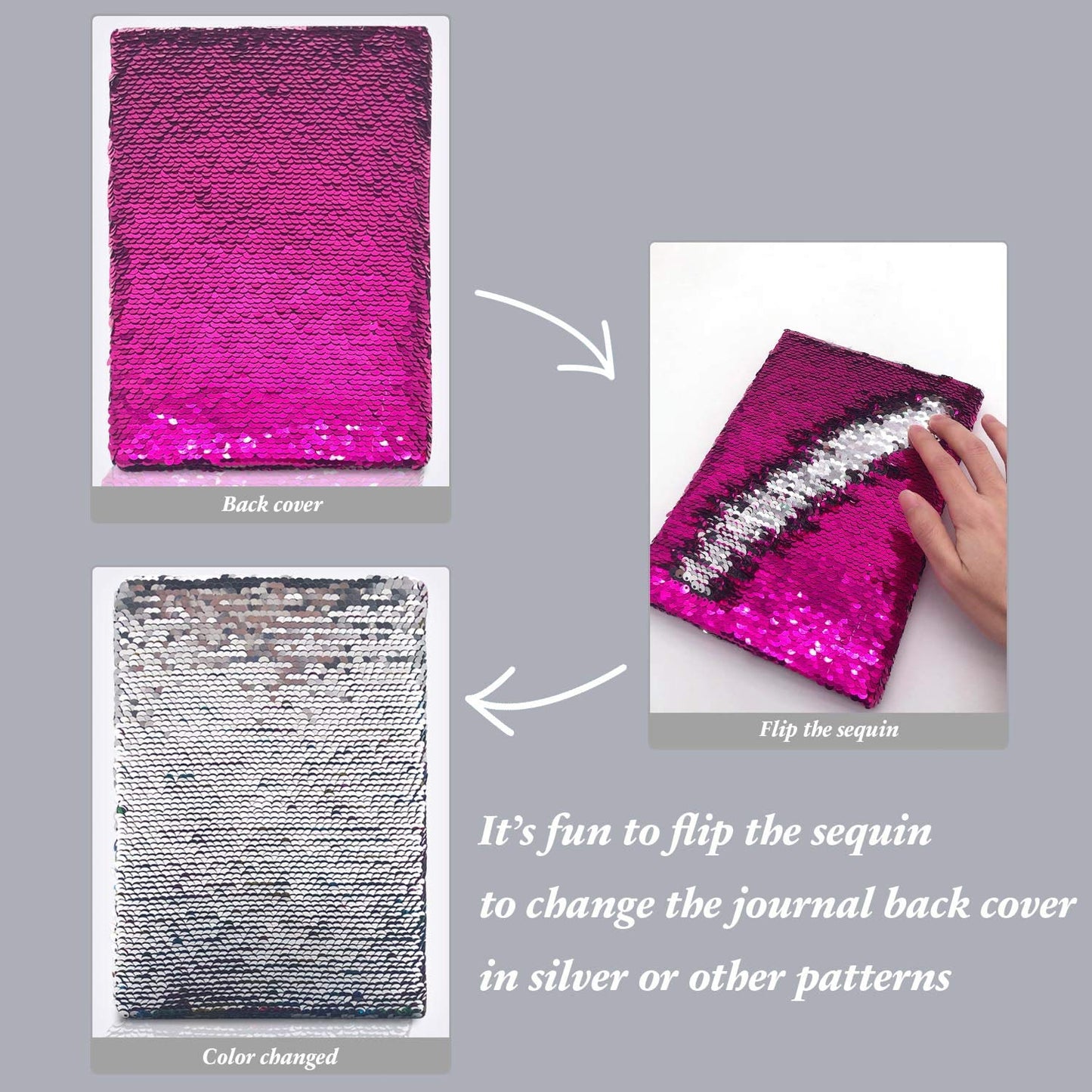 GINMLYDA Sequin Girls Journal for Kids – 8.25x5.5”, 160 Lined Pages, Reversible Heart Sequins (Rose Red/Silver)