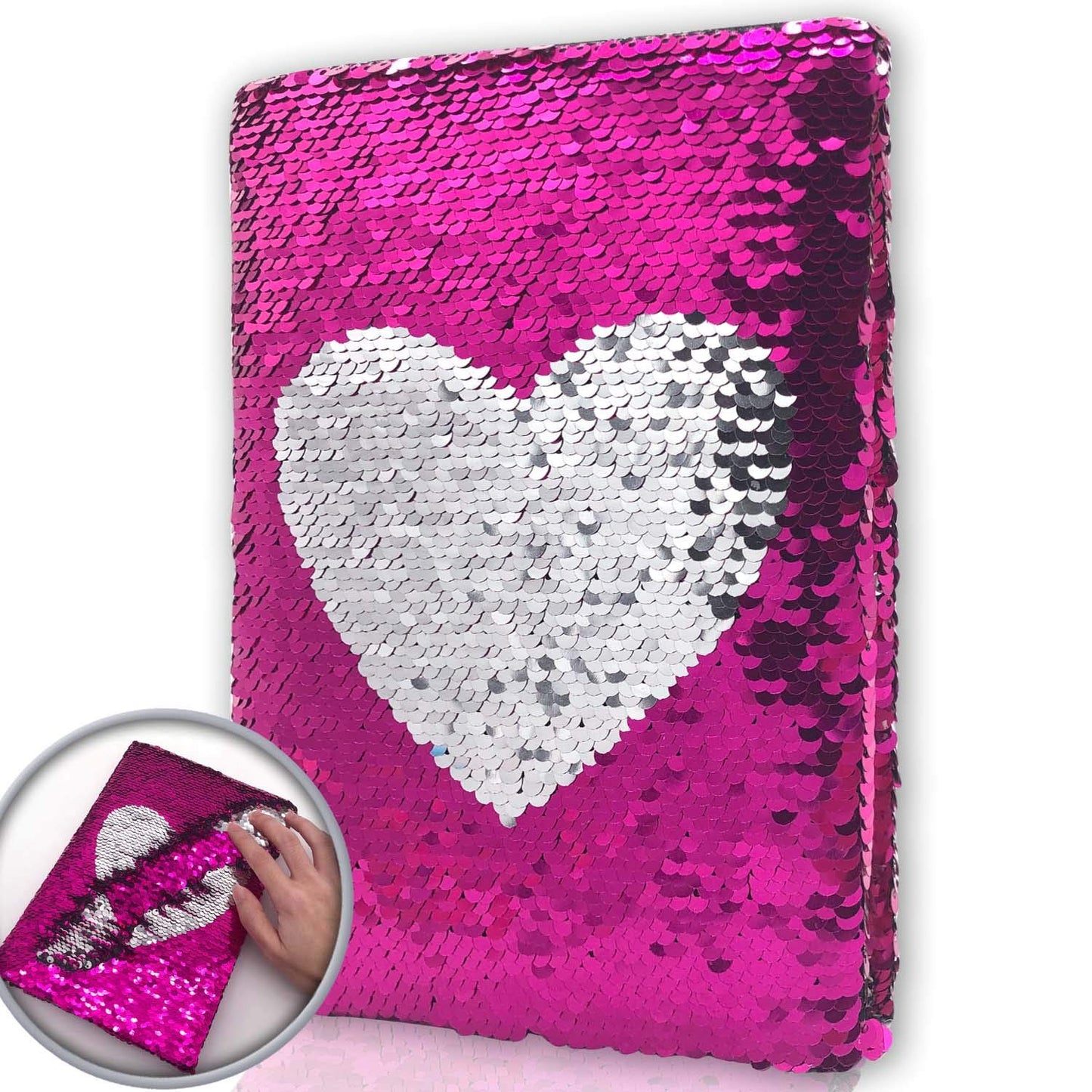 GINMLYDA Sequin Girls Journal for Kids – 8.25x5.5”, 160 Lined Pages, Reversible Heart Sequins (Rose Red/Silver)