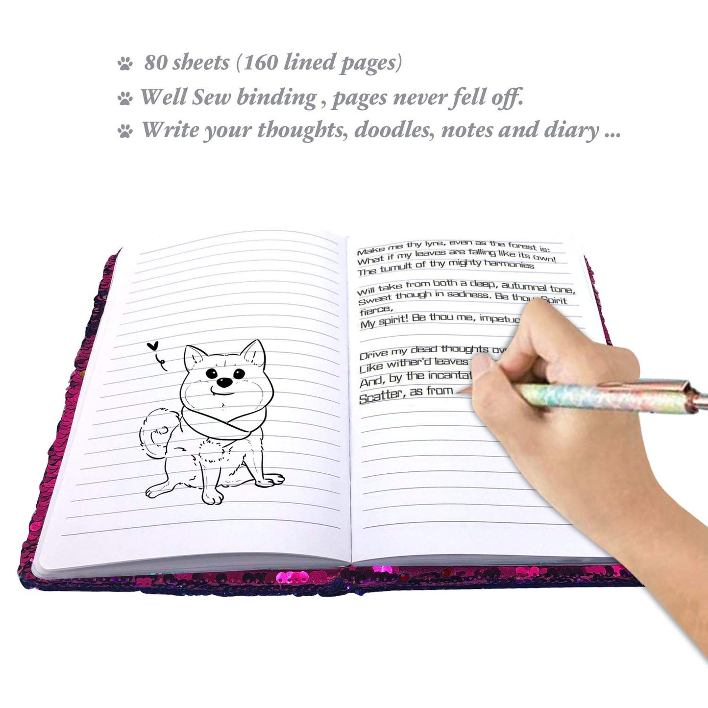GINMLYDA Sequin Girls Journal for Kids – 8.25x5.5”, 160 Lined Pages, Reversible Heart Sequins (Rose Red/Silver)
