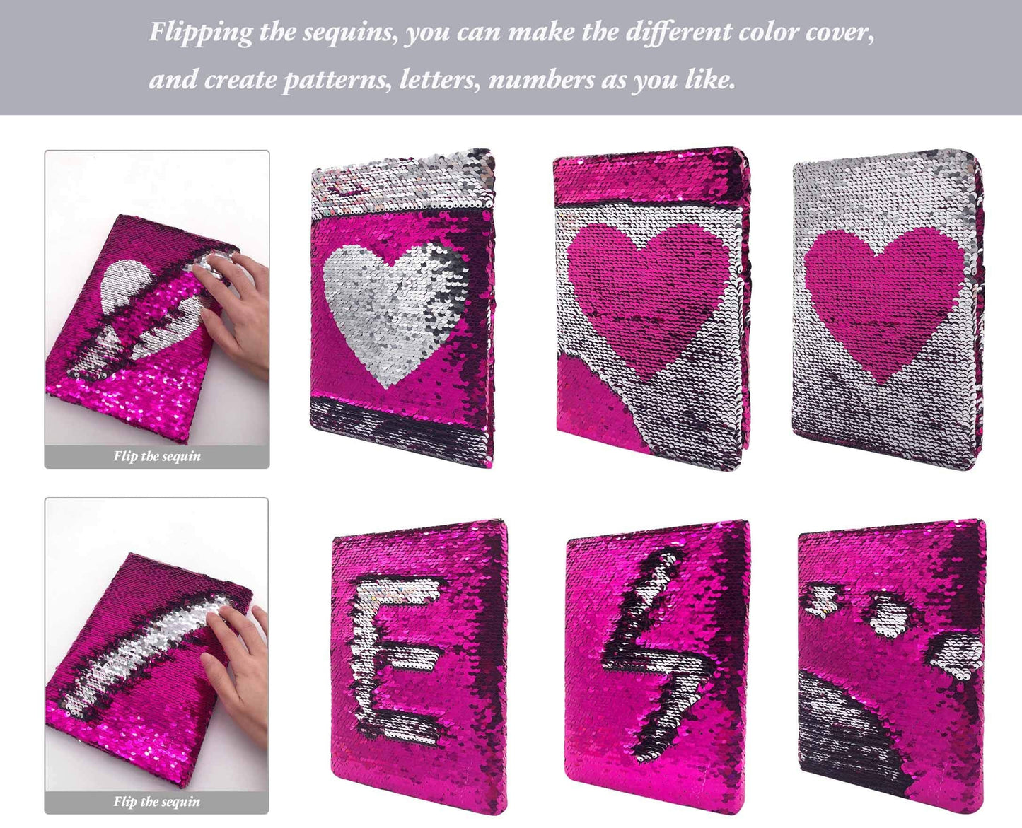 GINMLYDA Sequin Girls Journal for Kids – 8.25x5.5”, 160 Lined Pages, Reversible Heart Sequins (Rose Red/Silver)