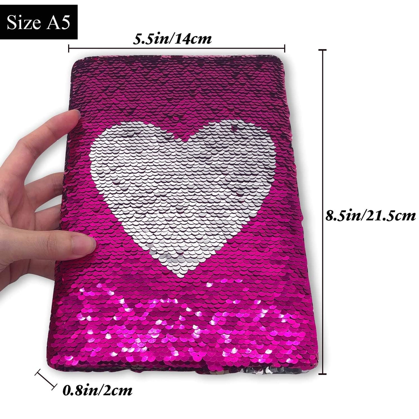 GINMLYDA Sequin Girls Journal for Kids – 8.25x5.5”, 160 Lined Pages, Reversible Heart Sequins (Rose Red/Silver)