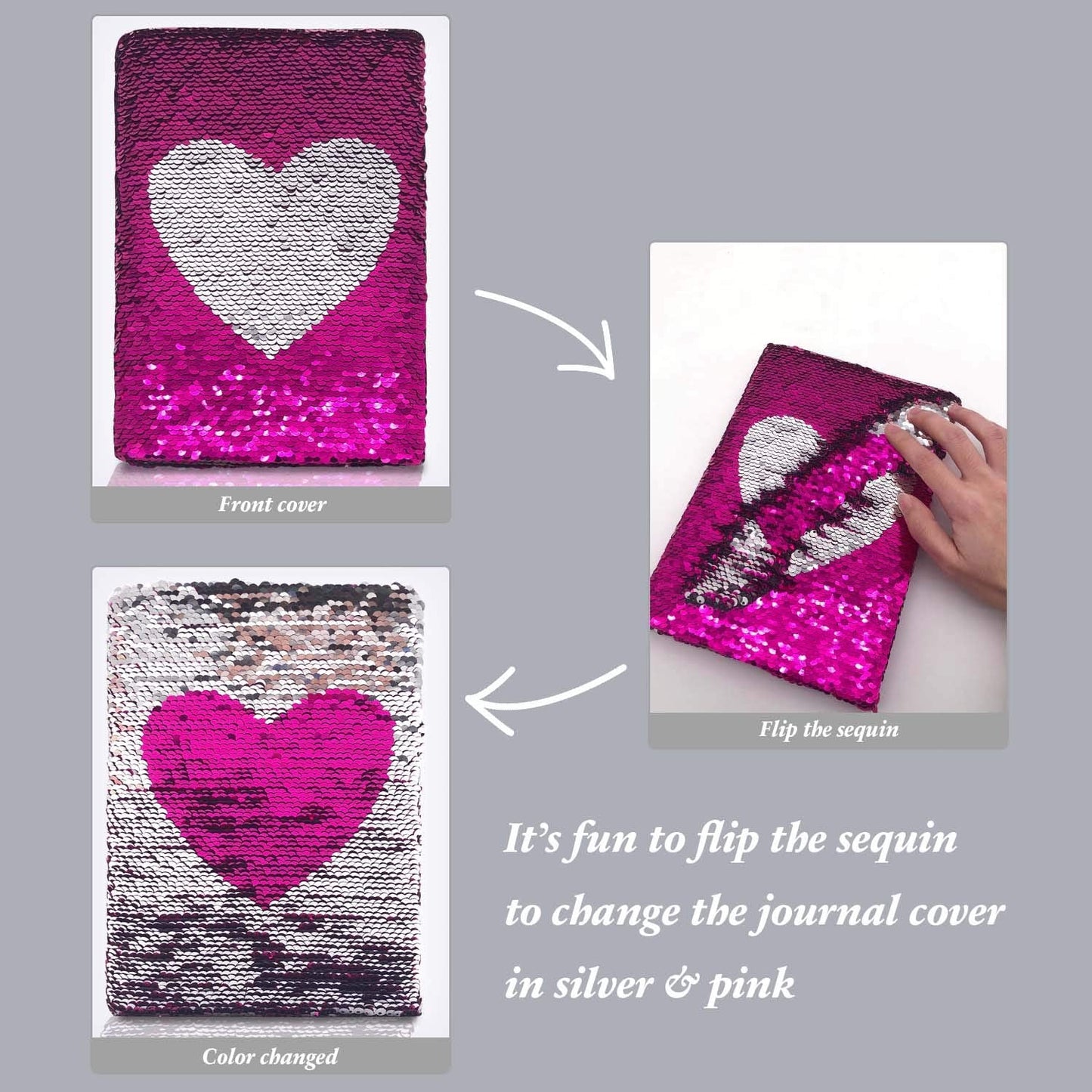 GINMLYDA Sequin Girls Journal for Kids – 8.25x5.5”, 160 Lined Pages, Reversible Heart Sequins (Rose Red/Silver)