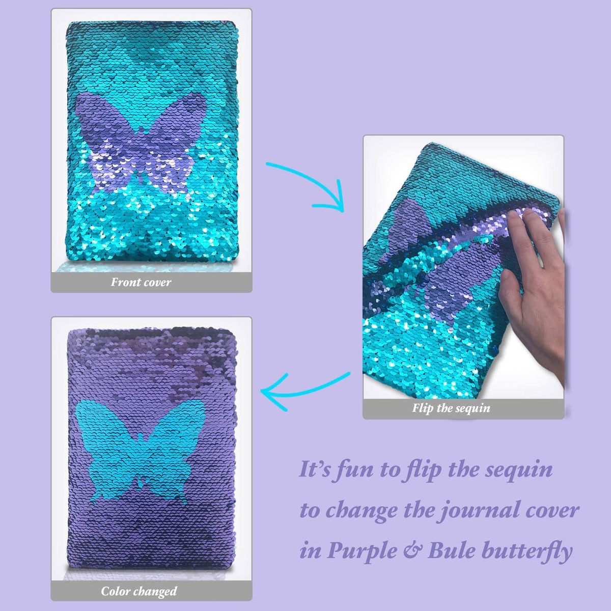 GINMLYDA Sequin Girls Journal for Kids – Butterfly Reversible Flip, 160 Lined Pages, 8.25x5.5 Inches, Purple-Blue