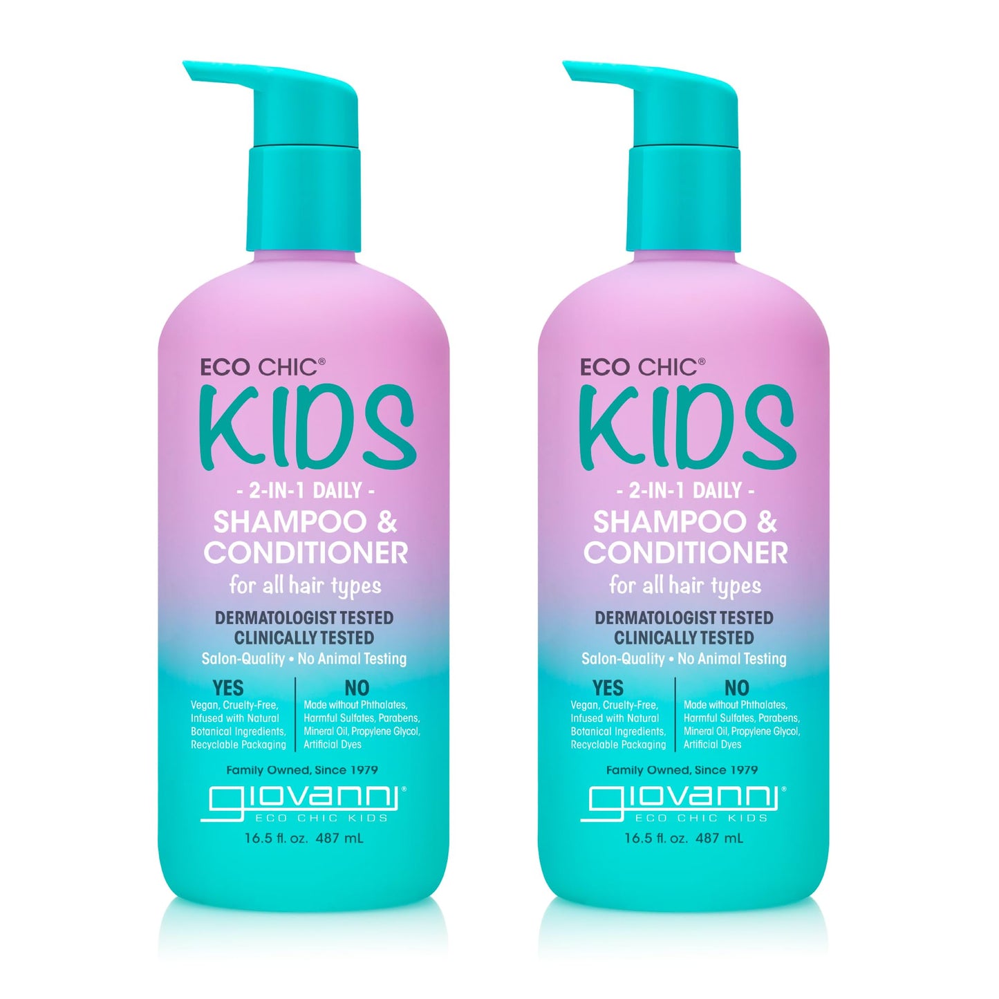 GIOVANNI Eco Chic Kids 2-in-1 Shampoo & Conditioner | Gentle, Vegan, All Hair Types, 16.5 fl oz (Pack of 2)