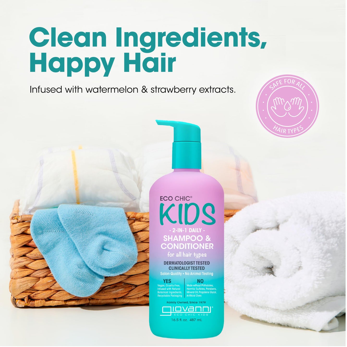 GIOVANNI Eco Chic Kids 2-in-1 Shampoo & Conditioner | Gentle, Vegan, All Hair Types, 16.5 fl oz (Pack of 2)