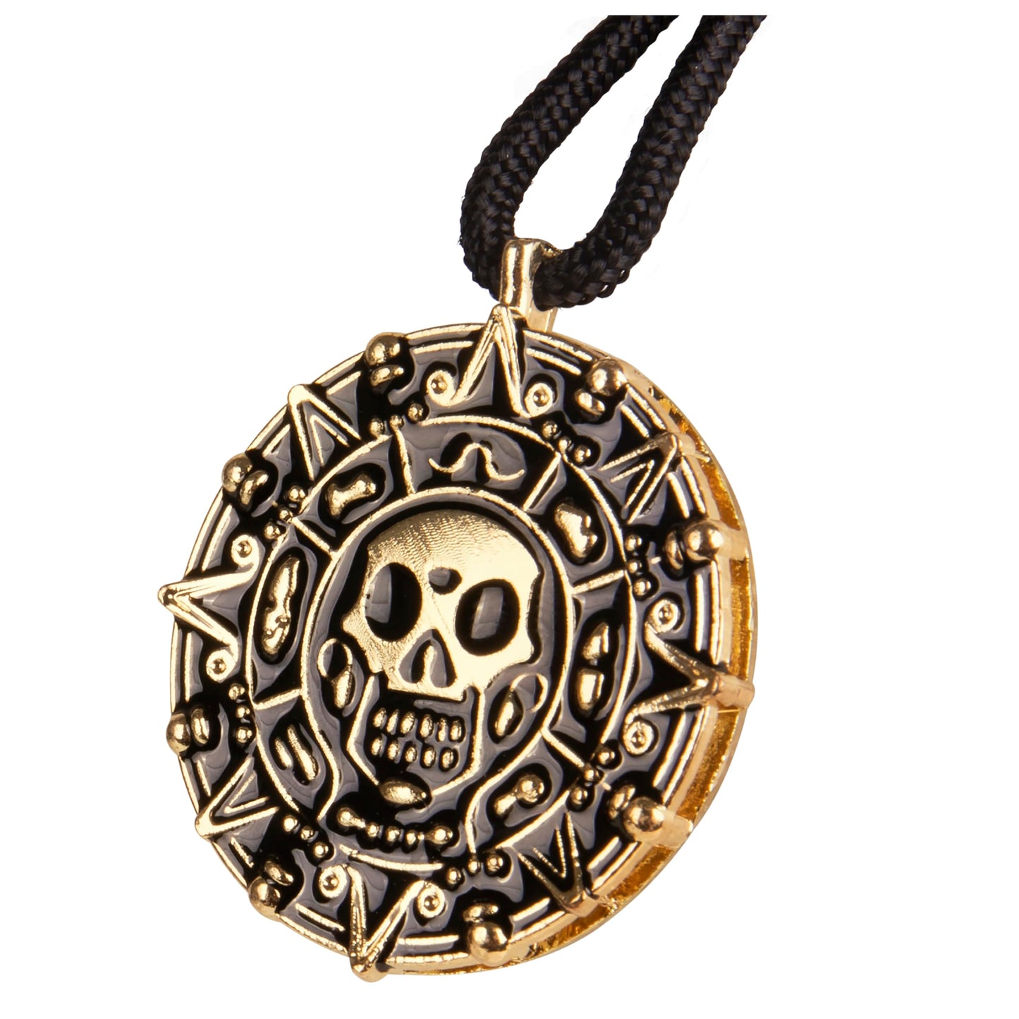 Giraffe Manufacturing Medallion Pirate Skull Necklace Pendant with Black Cord – Gold Pirate Jewelry for Women & Men