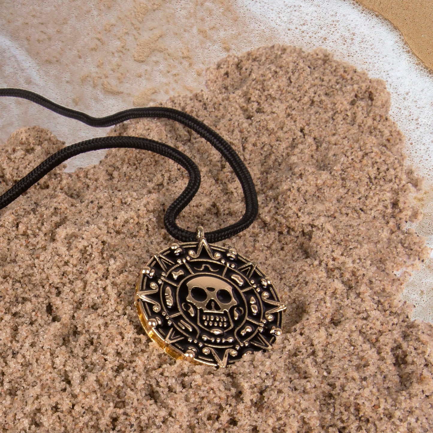 Giraffe Manufacturing Medallion Pirate Skull Necklace Pendant with Black Cord – Gold Pirate Jewelry for Women & Men