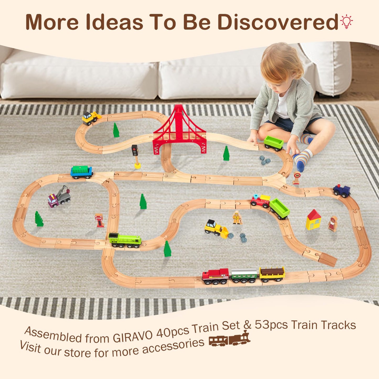 GIRAVO Wooden Train Track Set 53pcs – Compatible with Melissa & Doug, Brio & Thomas | Montessori Toy