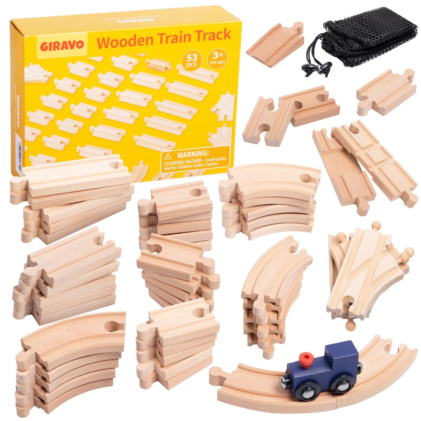 GIRAVO Wooden Train Track Set 53pcs – Compatible with Melissa & Doug, Brio & Thomas | Montessori Toy