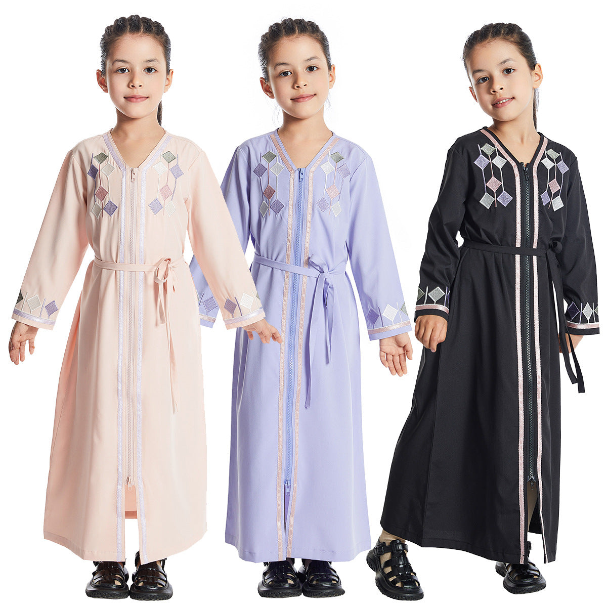 Girls' Embroidered Zippered Abaya - Premium Kids' Modest Hijab Dress