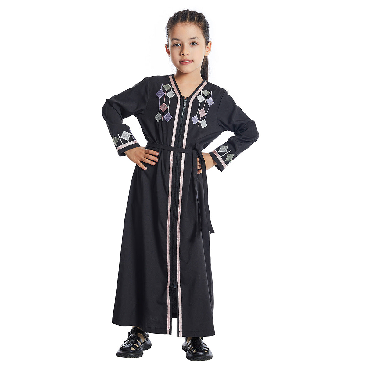 Girls' Embroidered Zippered Abaya - Premium Kids' Modest Hijab Dress