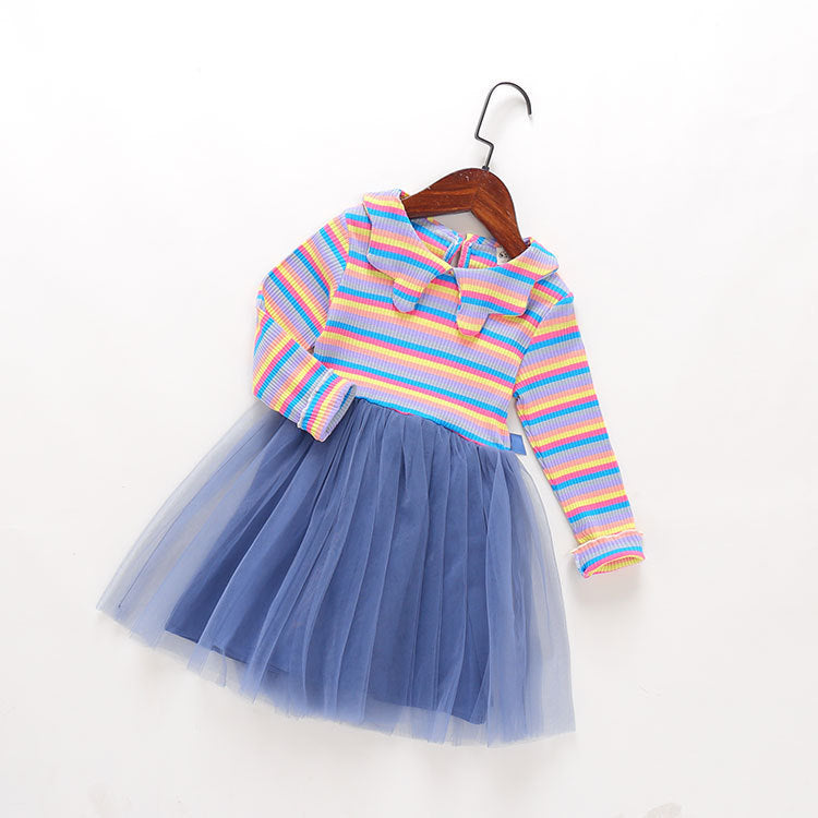 Girls' Long Sleeve Stripe Dress with Lace