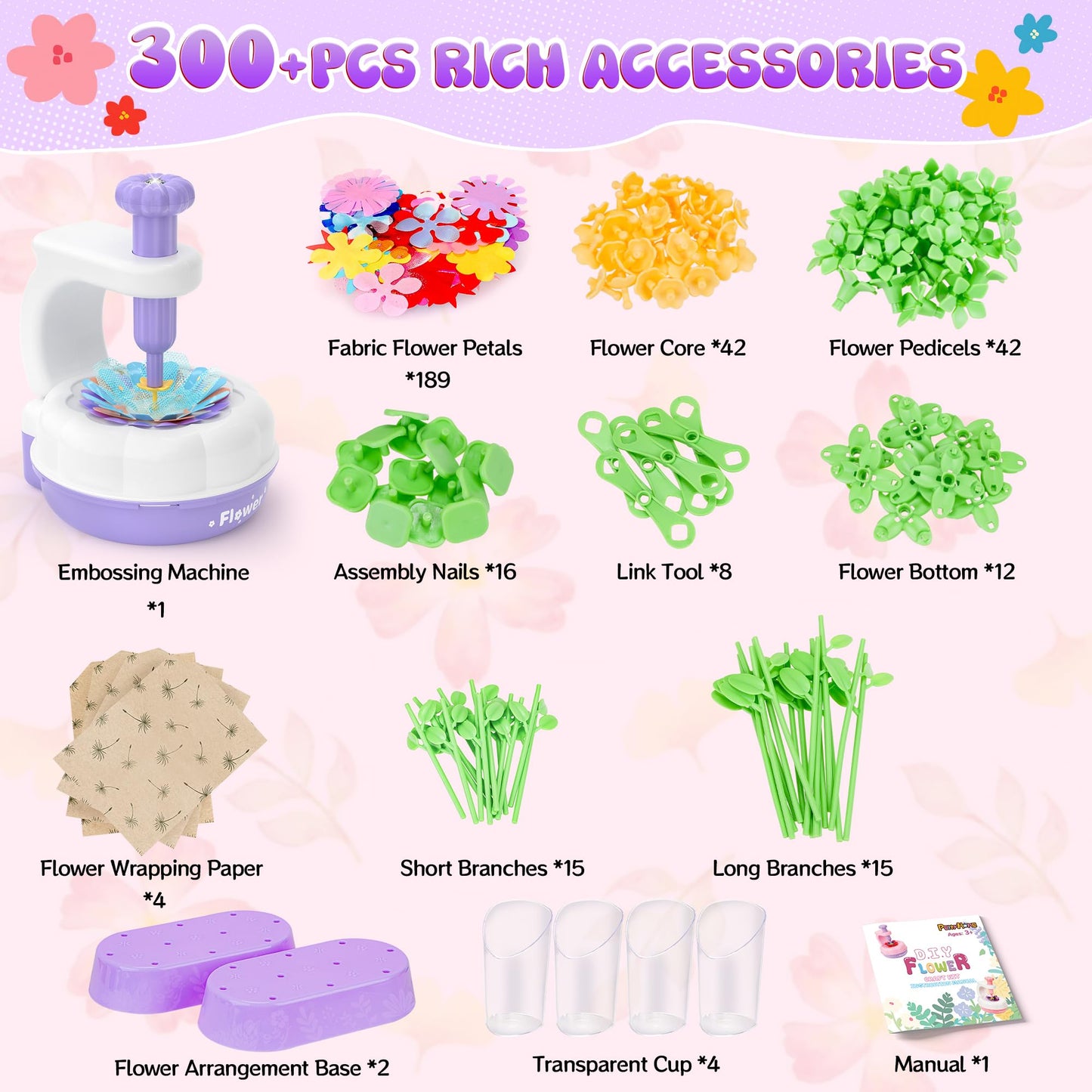 GirlsHome 300+ PCS Fabric Flower Bouquets Kit for Kids – DIY Flower Making, STEM Toy (Ages 3–8+)