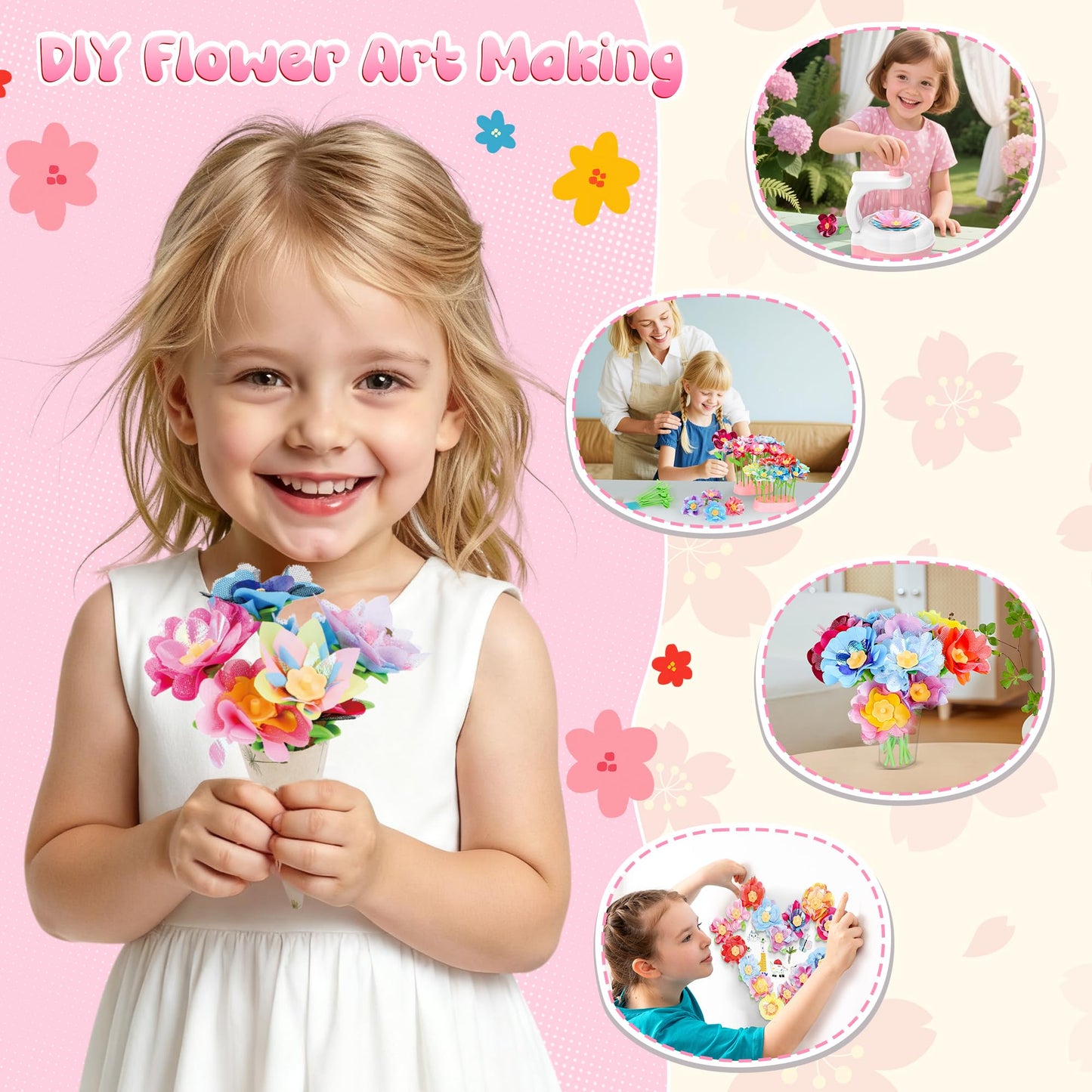 GirlsHome 300+PCS Fabric Flower Bouquets Kit | DIY Flower Making & STEM Crafts for Kids