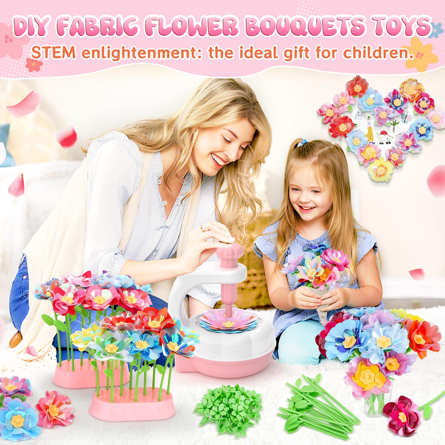 GirlsHome 300+PCS Fabric Flower Bouquets Kit | DIY Flower Making & STEM Crafts for Kids