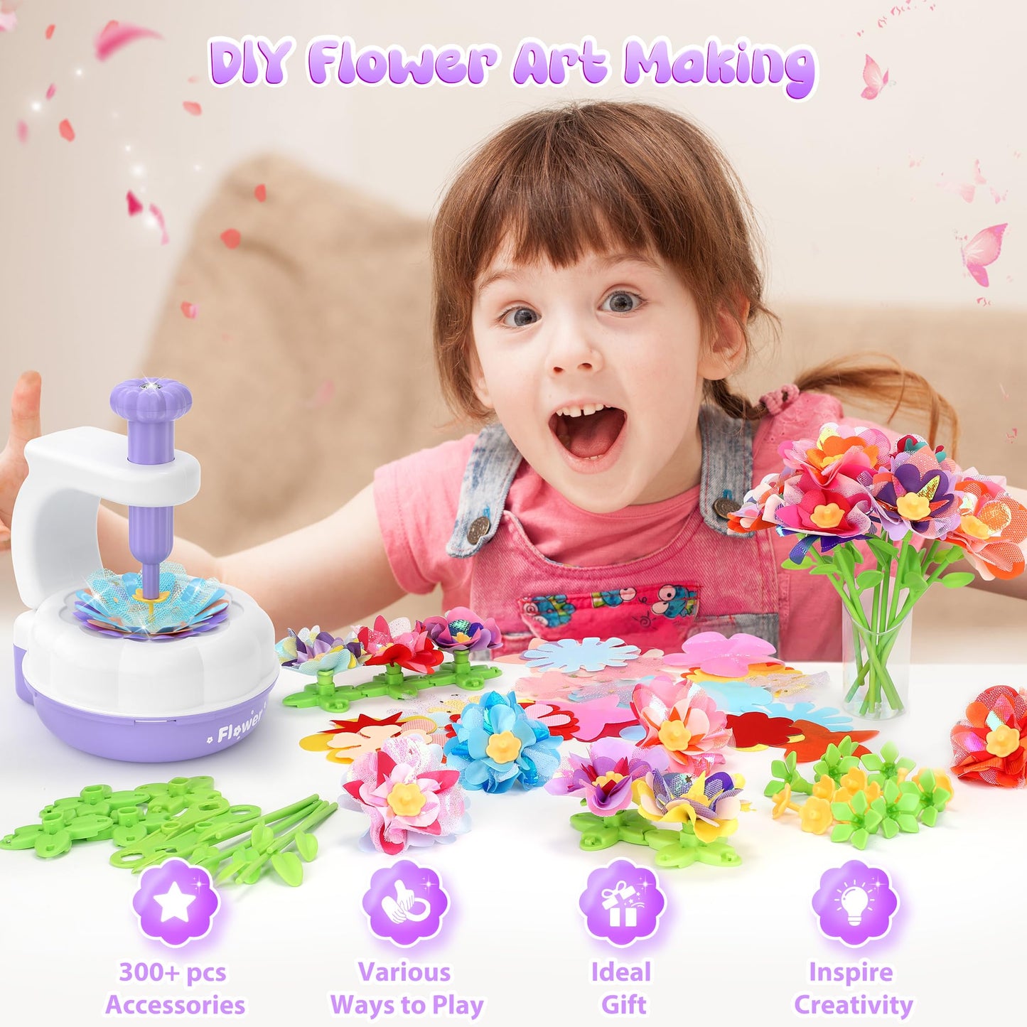 GirlsHome 300+ PCS Fabric Flower Bouquets Kit for Kids – DIY Flower Making, STEM Toy (Ages 3–8+)