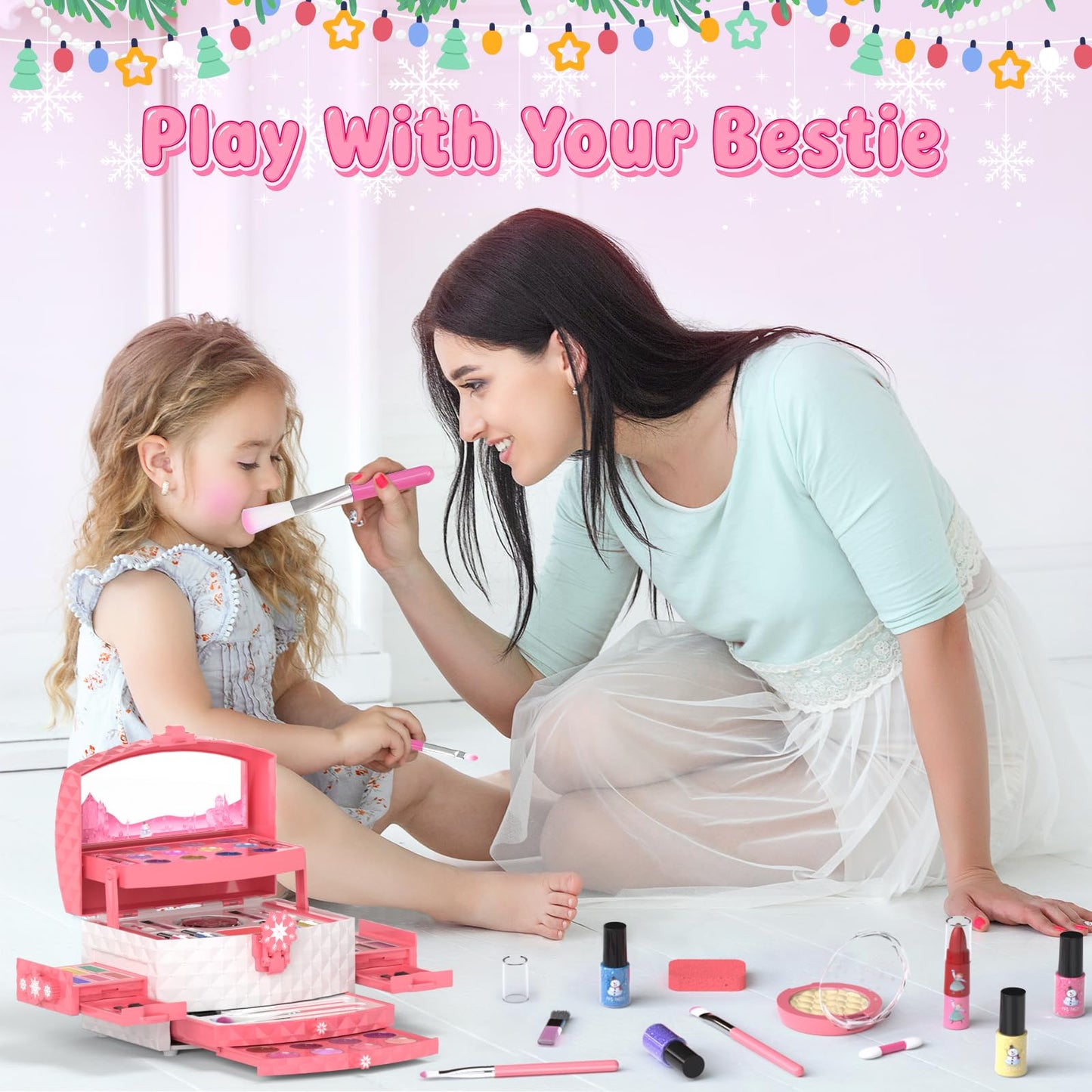 GirlsHome 56-Piece Kids Makeup Set – Washable, Non-Toxic, Frozen Pink