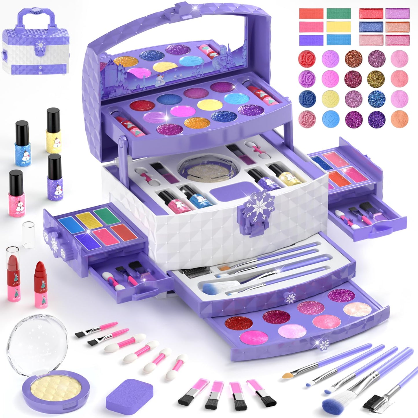 GirlsHome Kids Makeup Set – 56 Pcs Washable Real Cosmetics, Frozen Purple
