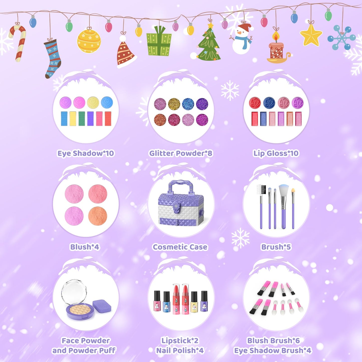 GirlsHome Kids Makeup Set – 56 Pcs Washable Real Cosmetics, Frozen Purple