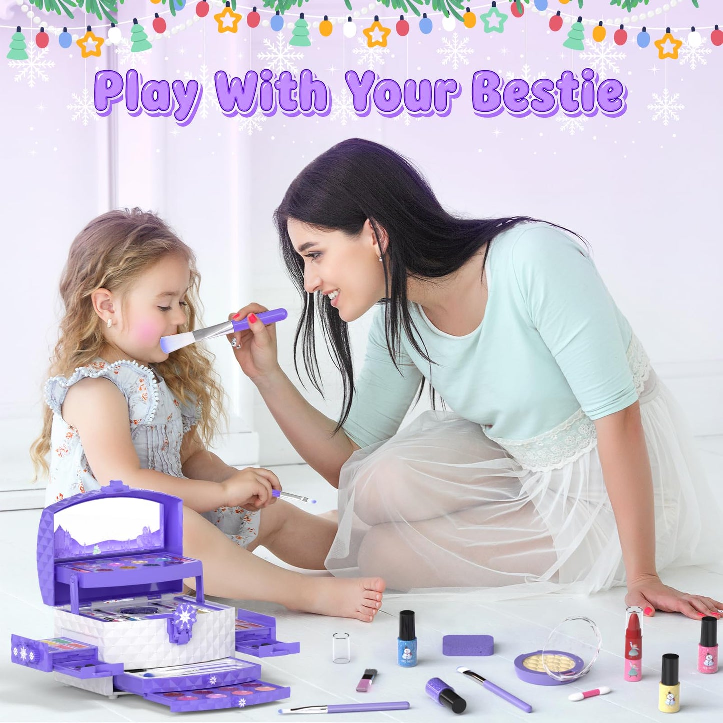 GirlsHome Kids Makeup Set – 56 Pcs Washable Real Cosmetics, Frozen Purple