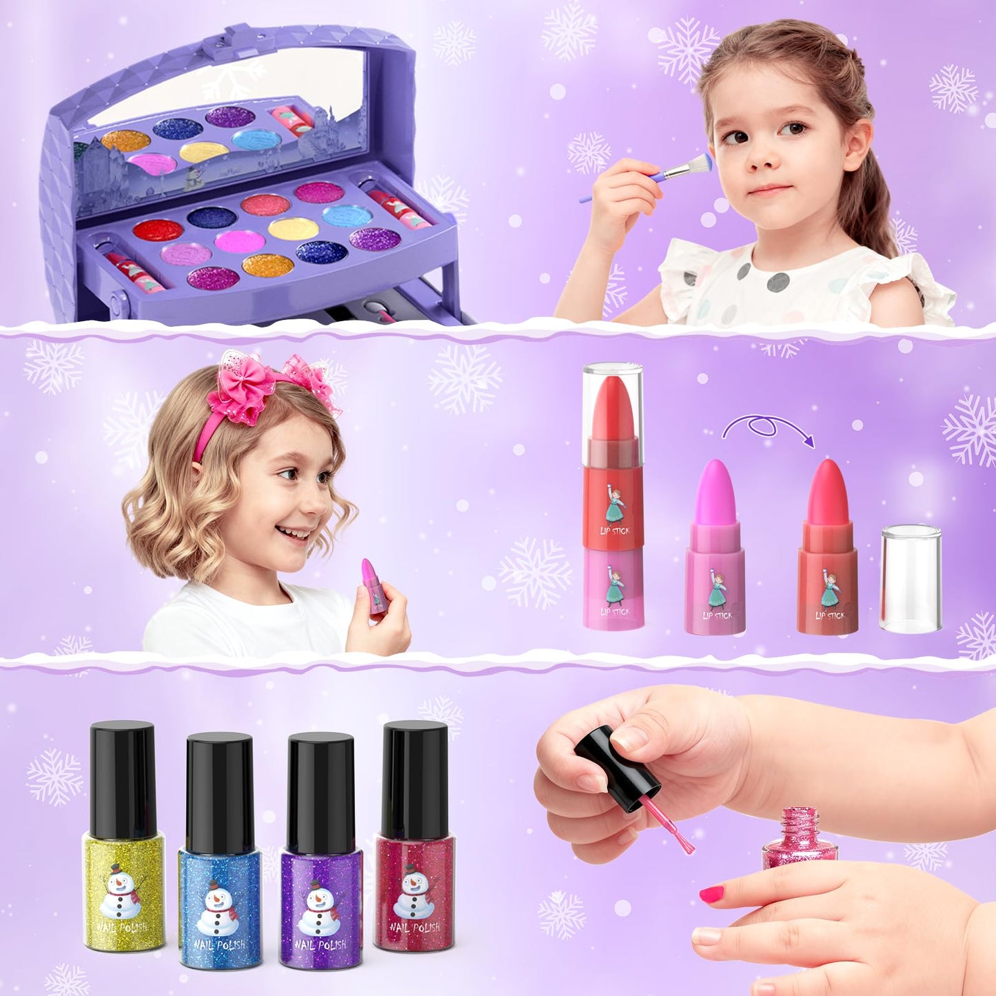 GirlsHome Kids Makeup Set – 56 Pcs Washable Real Cosmetics, Frozen Purple