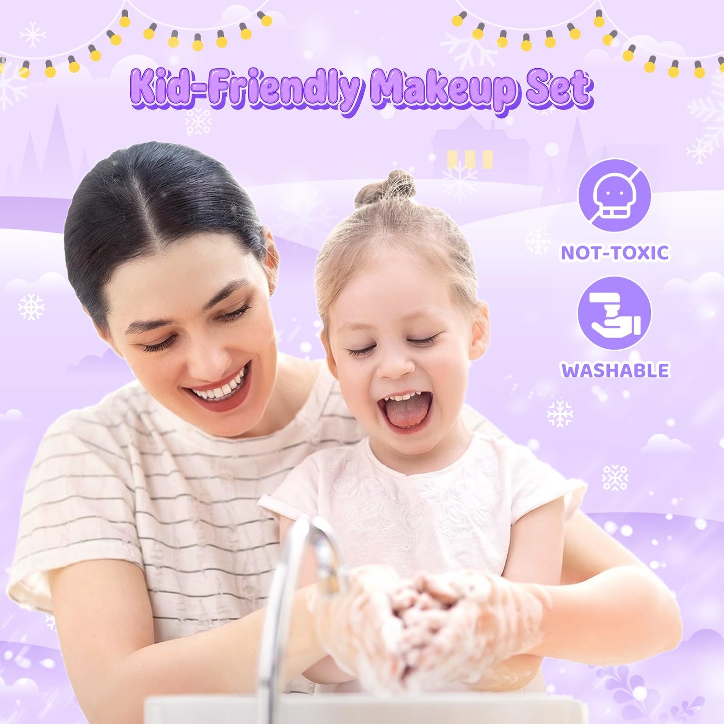 GirlsHome Kids Makeup Set – 56 Pcs Washable Real Cosmetics, Frozen Purple