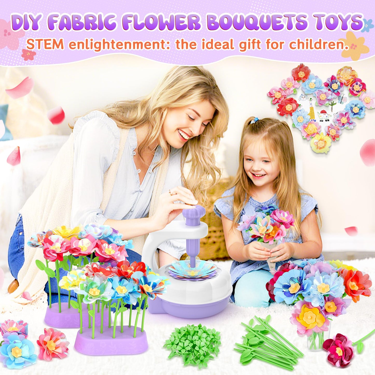 GirlsHome 300+ PCS Fabric Flower Bouquets Kit for Kids – DIY Flower Making, STEM Toy (Ages 3–8+)
