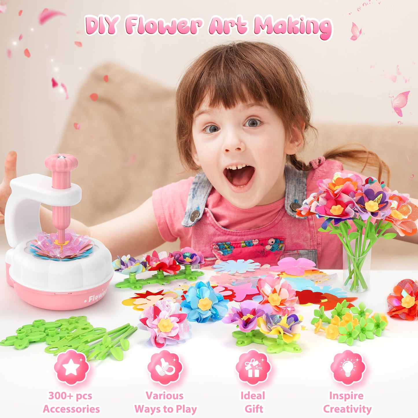 GirlsHome 300+PCS Fabric Flower Bouquets Kit | DIY Flower Making & STEM Crafts for Kids