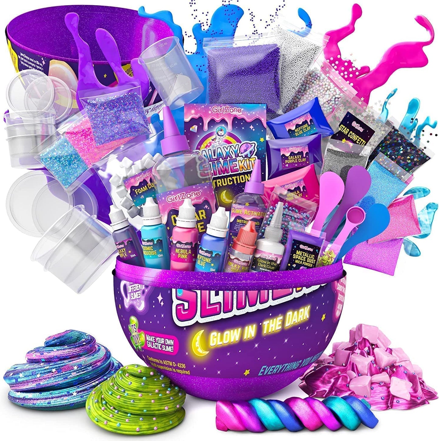 GirlZone Egg Surprise Galaxy Slime Kit — Glow-in-the-Dark Slime, 39 Pieces, for Girls 8–12