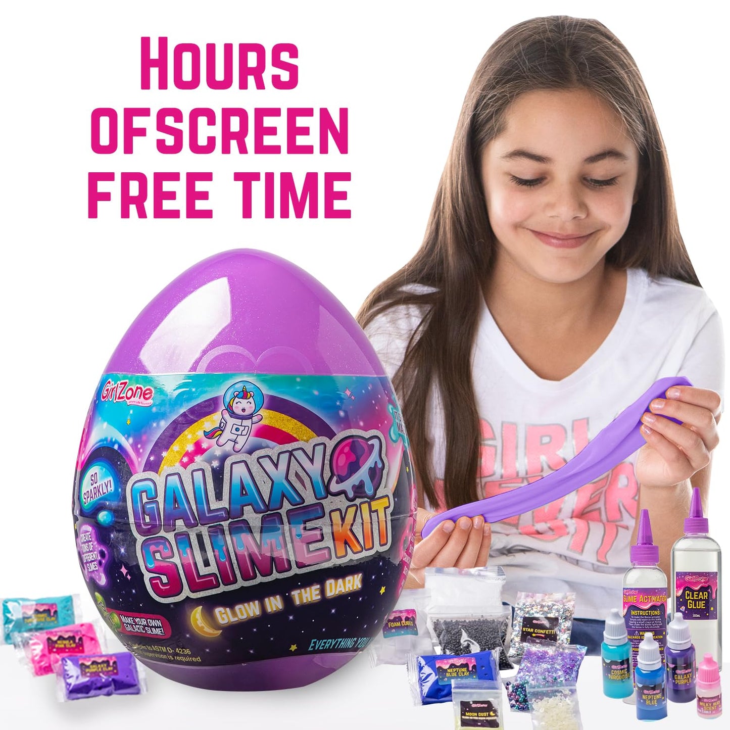 GirlZone Egg Surprise Galaxy Slime Kit — Glow-in-the-Dark Slime, 39 Pieces, for Girls 8–12