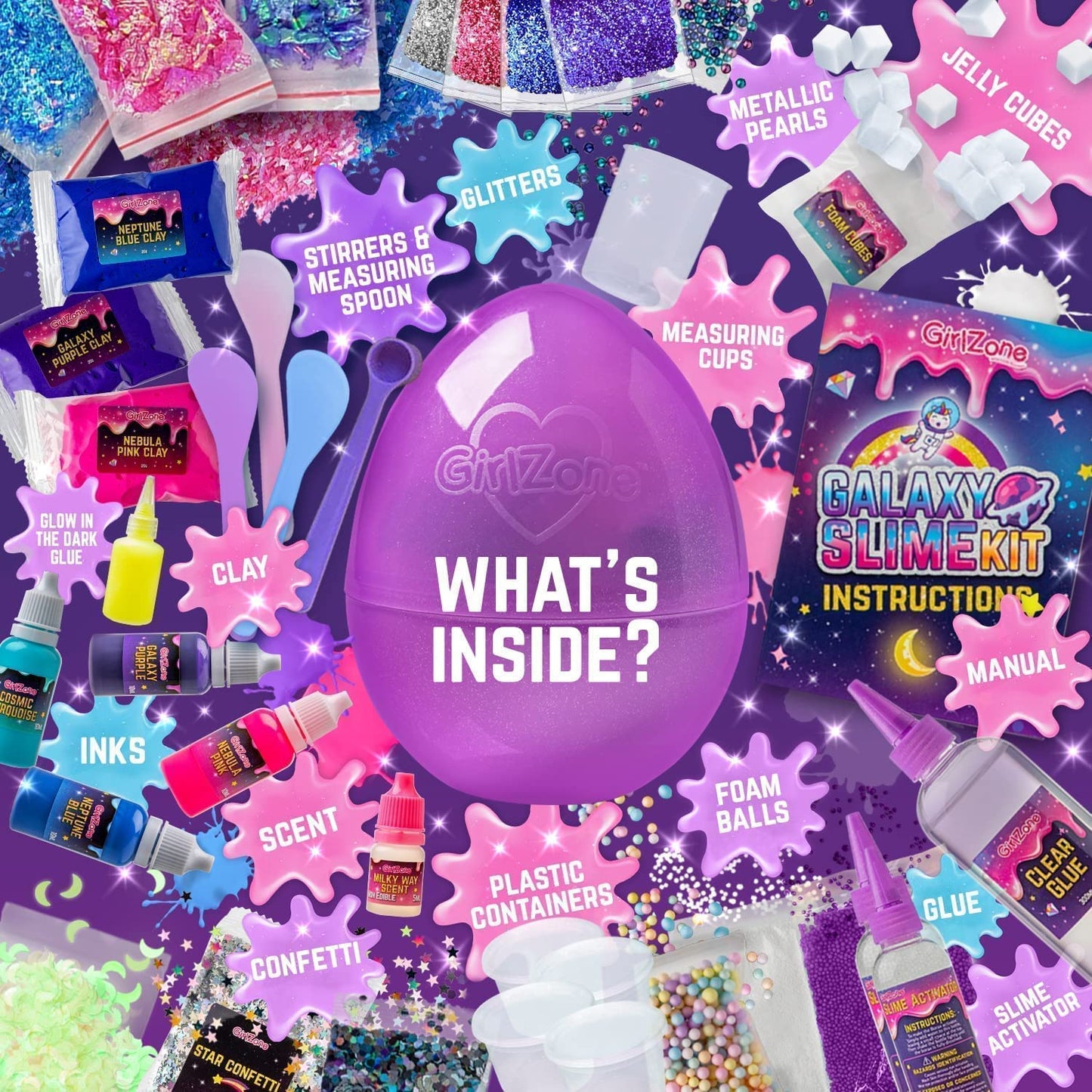 GirlZone Egg Surprise Galaxy Slime Kit — Glow-in-the-Dark Slime, 39 Pieces, for Girls 8–12